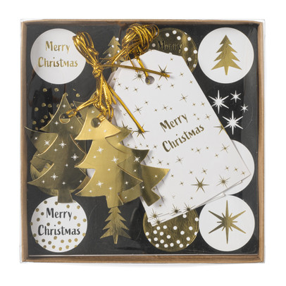 Tag en stickerset kerst - zwart/goudkleurig