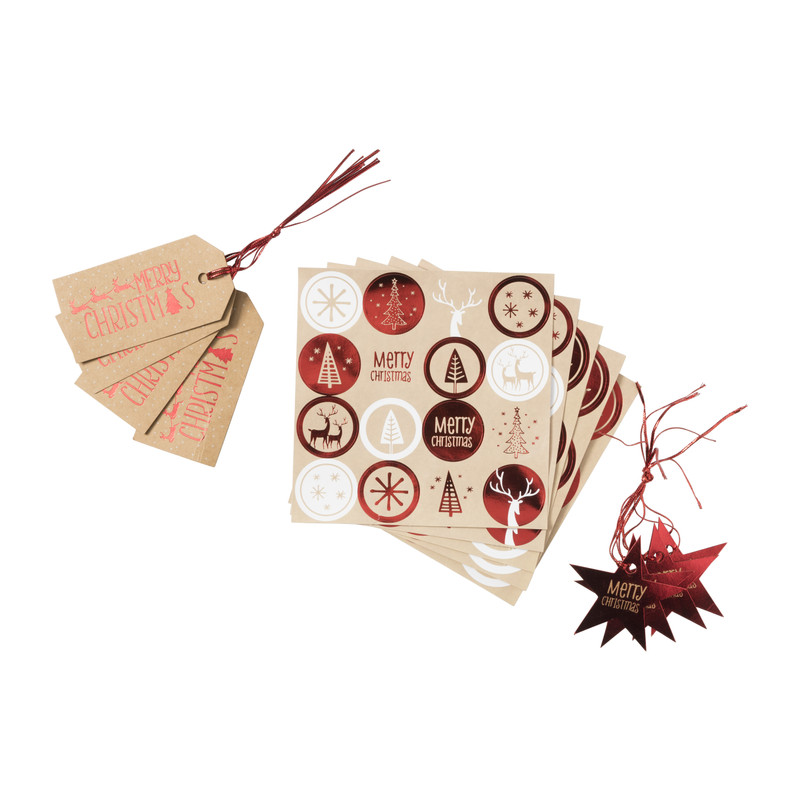 Tag en stickerset kerst - rood/bruin 