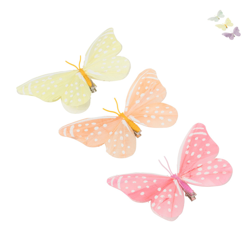 Vlinder op clip gekleurd - diverse varianten - set van 3