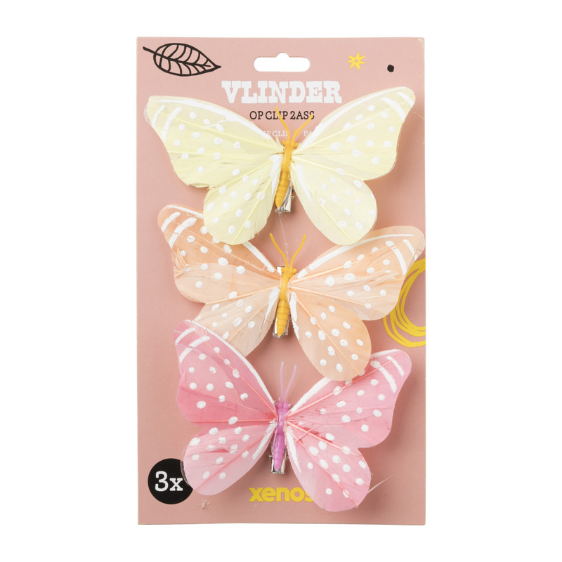 Vlinder op clip gekleurd - diverse varianten - set van 3
