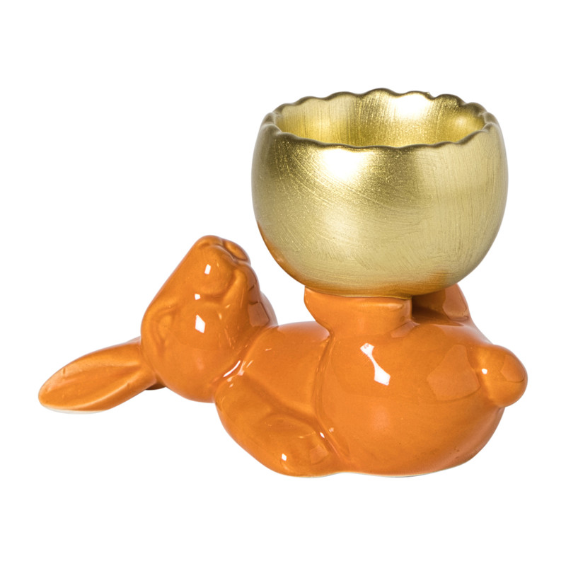 Waxinelichthouder haas - oranje/goudkleurig - 8.5x13x6.5 cm