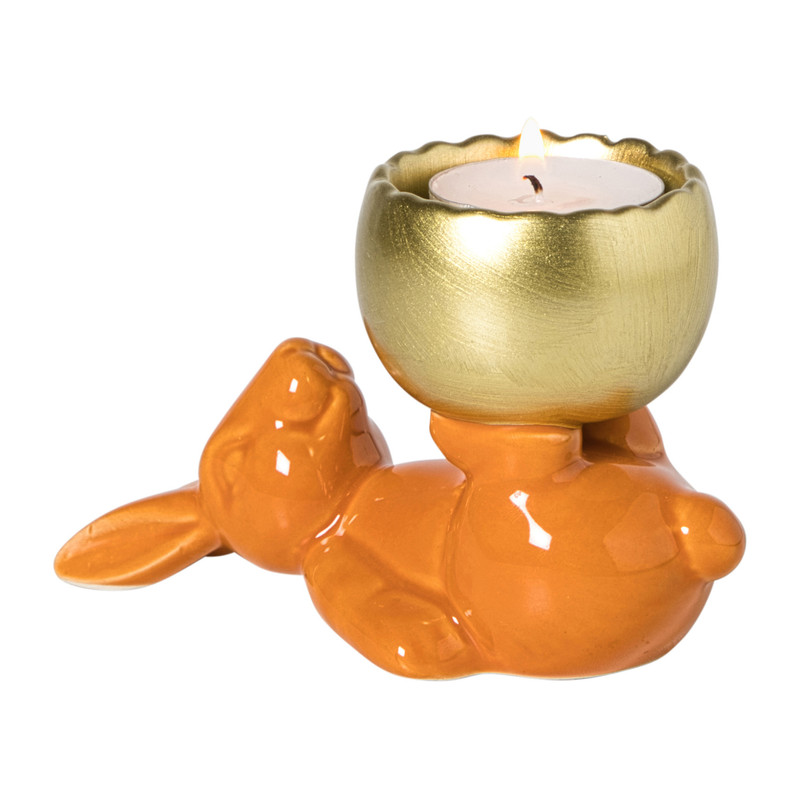 Waxinelichthouder haas - oranje/goudkleurig - 8.5x13x6.5 cm