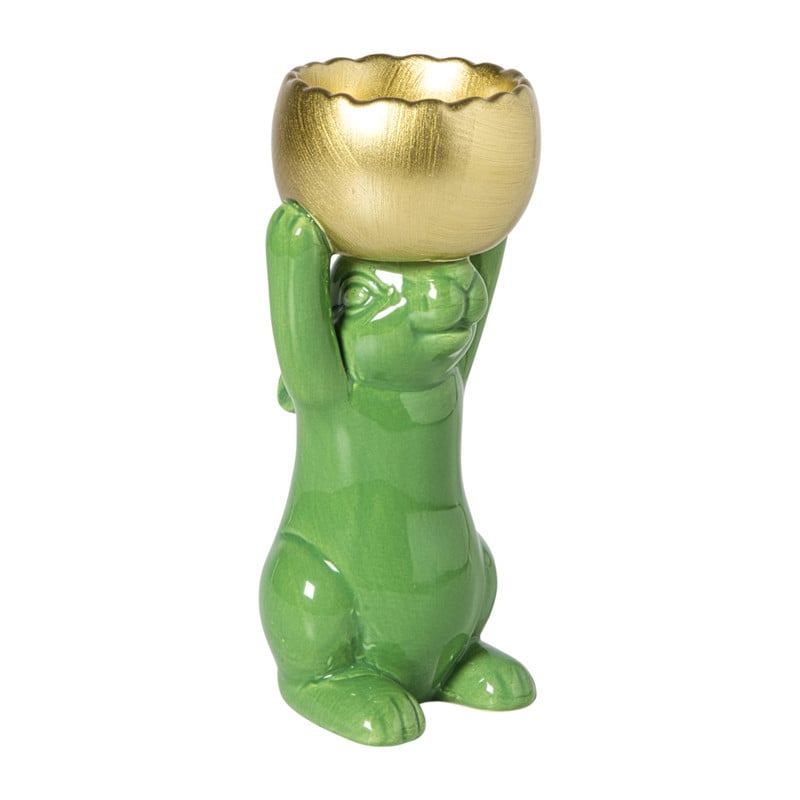 Waxinelichthouder haas - groen/goudkleurig - 8.5x13x6.5 cm