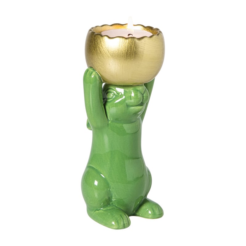 Waxinelichthouder haas - groen/goudkleurig - 8.5x13x6.5 cm