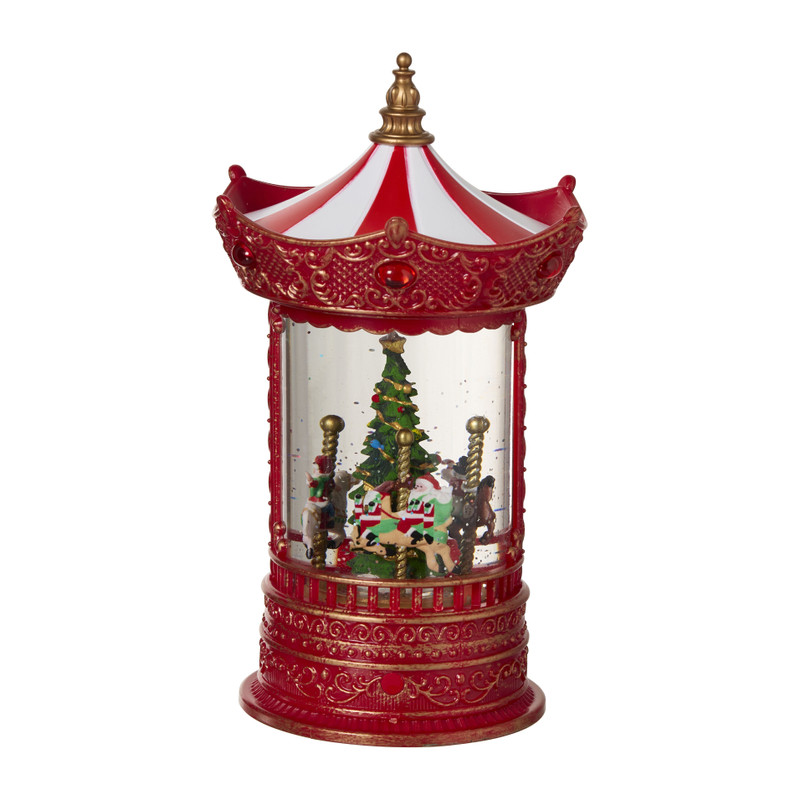 Kerstlantaarn carrousel met LED - rood - 15.5x15.5x26 cm