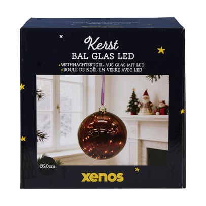 Glazen kerstbal met LED - paars - 20x20x20 cm