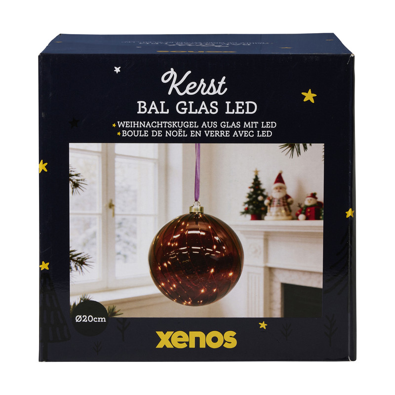 Glazen kerstbal met LED - paars - 20x20x20 cm