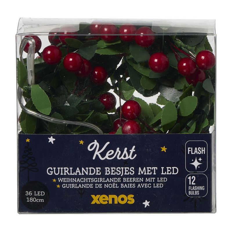 Kerstguirlande besjes met LED - groen/rood - 180 cm