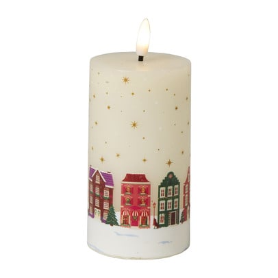 LED kaars met huisjesprint middel - wit - ø7x12 cm