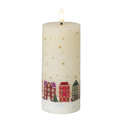 LED kaars met huisjesprint groot - wit - ø7x15 cm