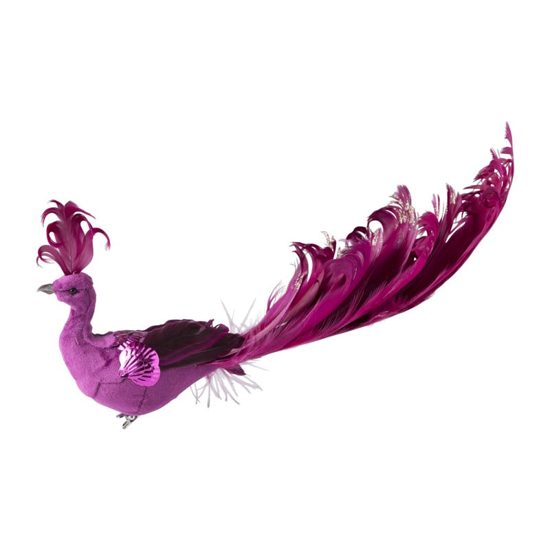 Pauw op clip - roze - 28 cm