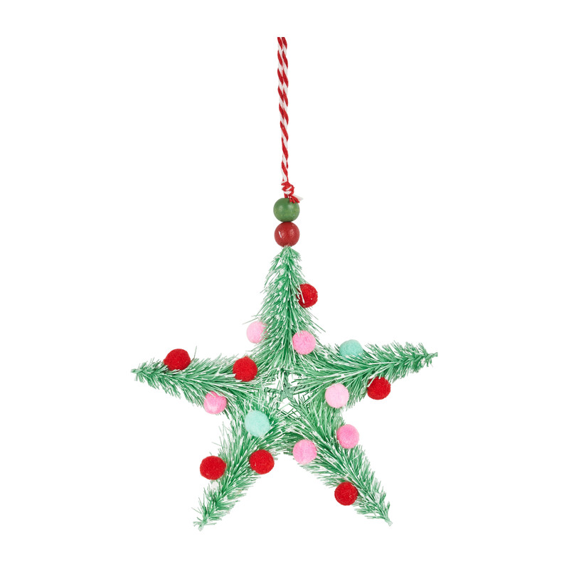 Hanger ster met pompons - 13 cm