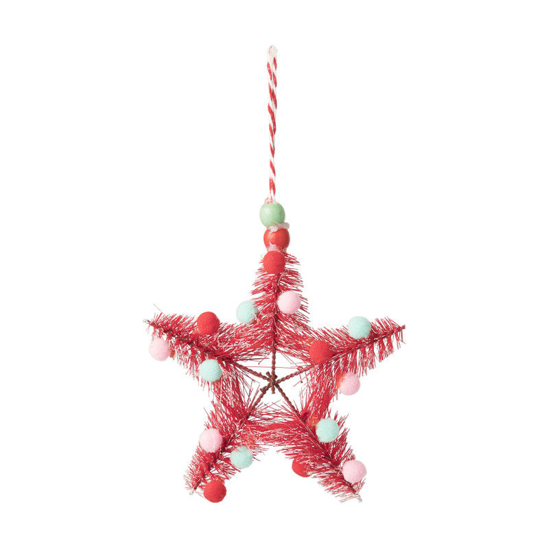 Hanger ster met pompons - rood - 13 cm