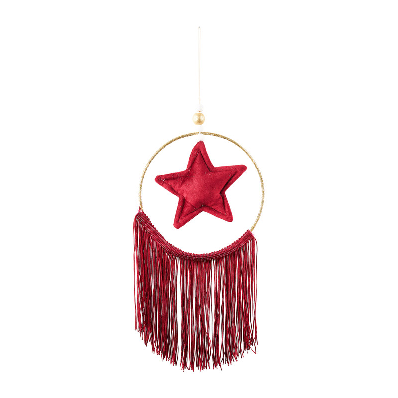 Hanger ster met franjes - rood - 15 cm