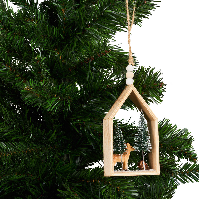 Huisje met rendier - hout/kunststof - 12 cm