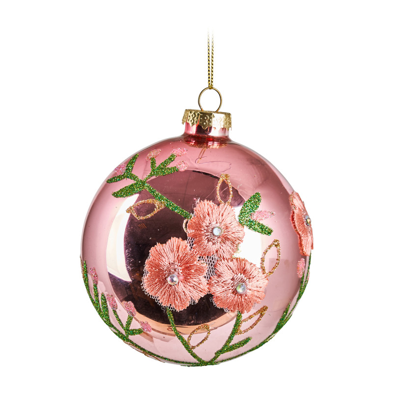 Kerstbal bloem shiny - roze - glas - 10 cm