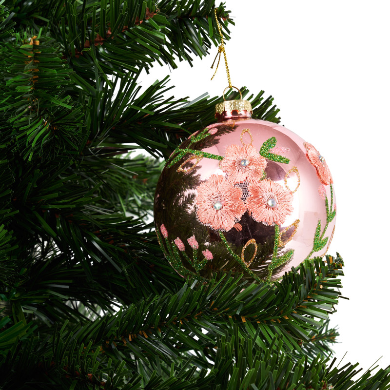Kerstbal bloem shiny - roze - glas - 10 cm