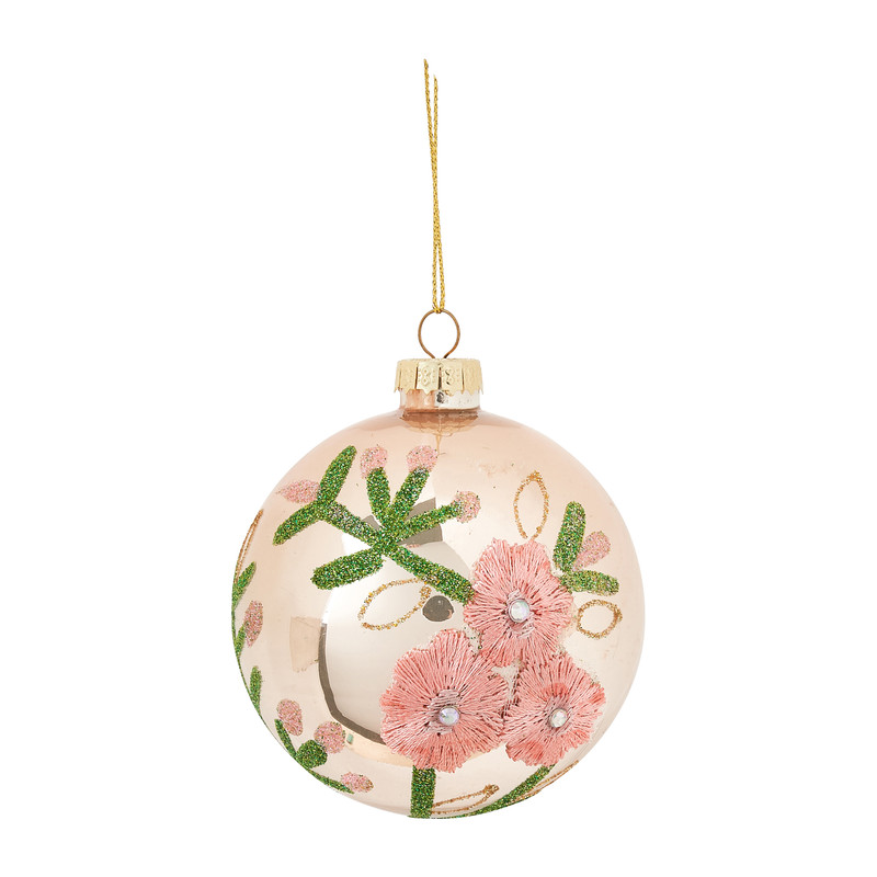 Kerstbal bloem - champagne - glas - 10 cm