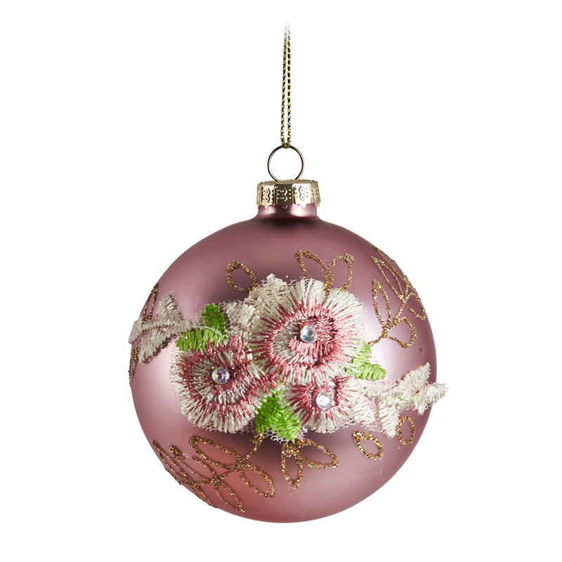 Kerstbal bloem mat - roze - 8 cm