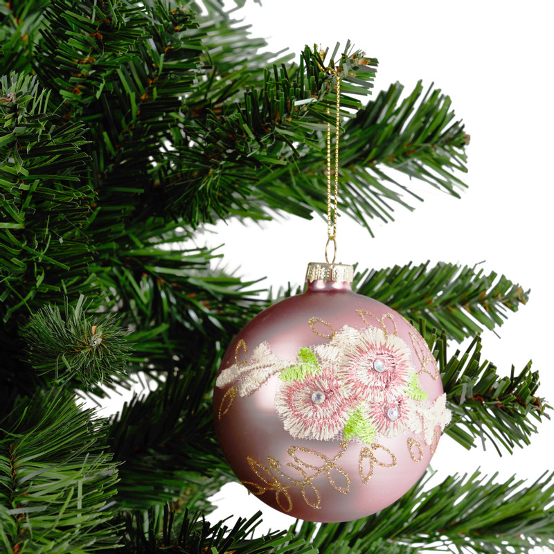Kerstbal bloem mat - roze - 8 cm