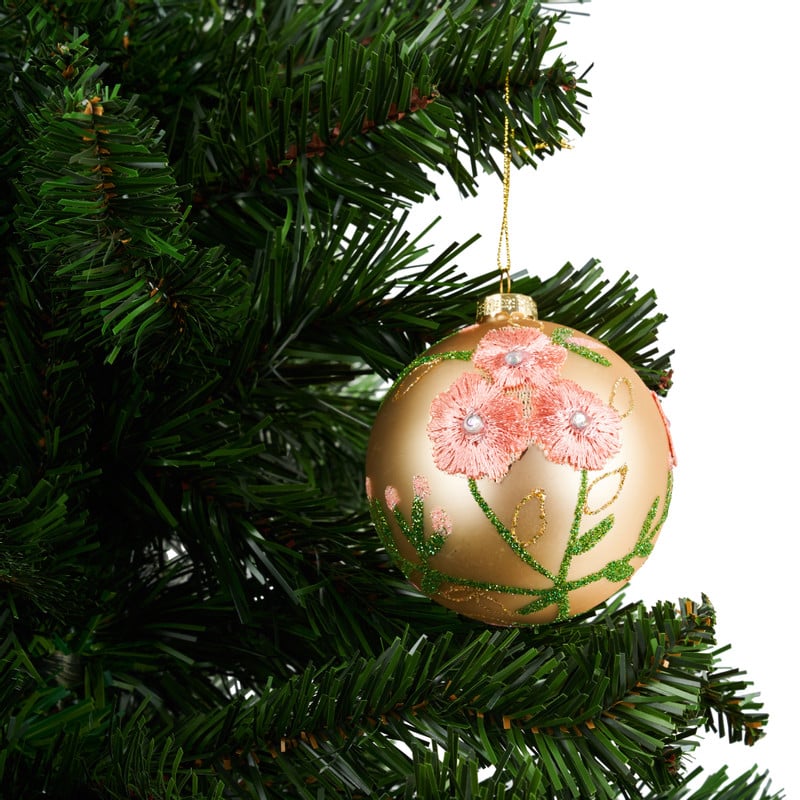 Kerstbal bloem mat - goud - glas - 8 cm