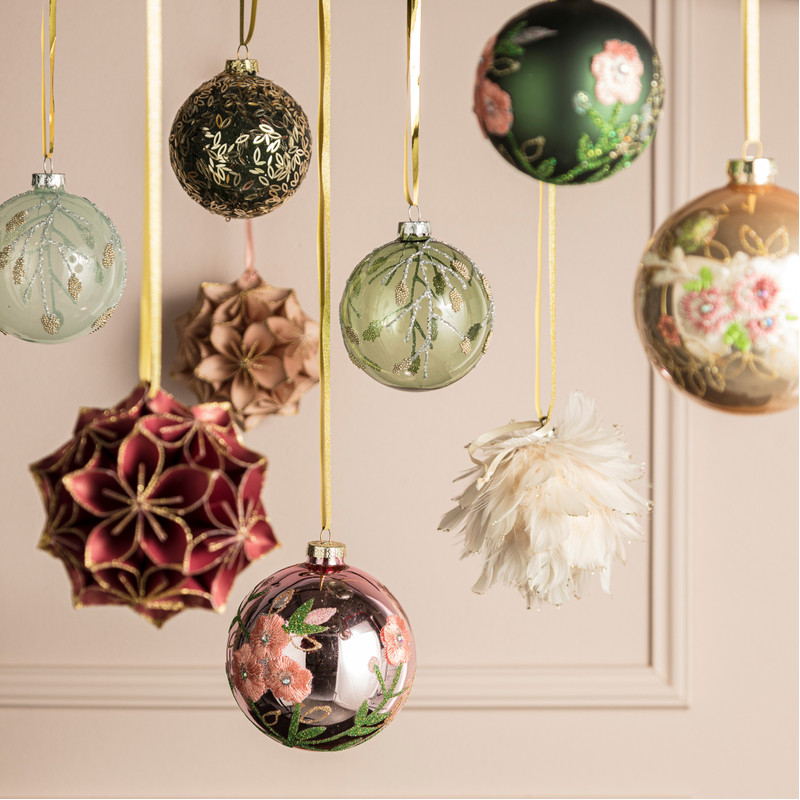 Kerstbal bloem mat - goud - glas - 8 cm