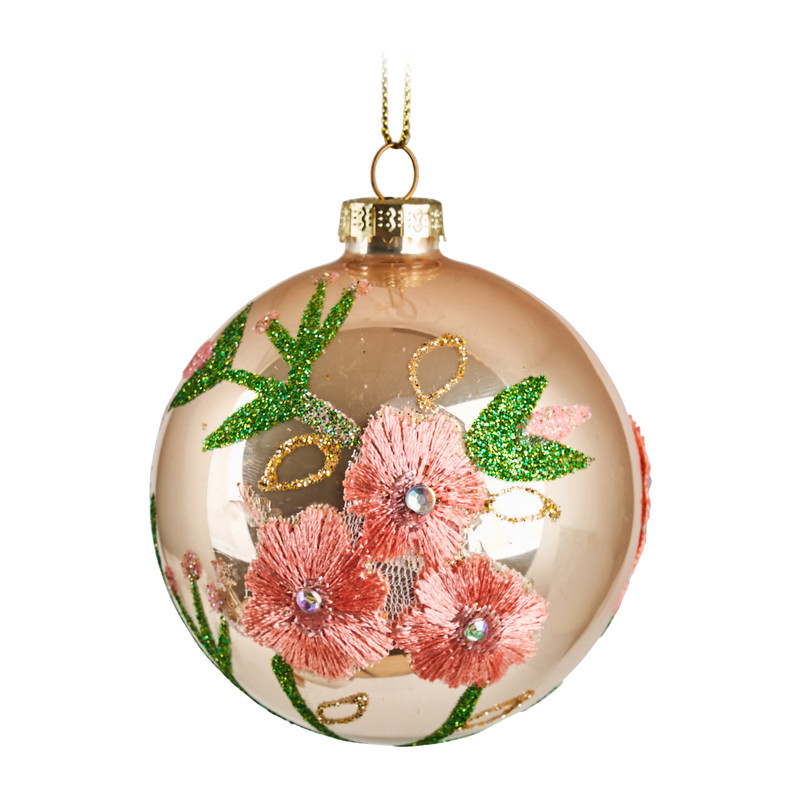 Kerstbal bloem - goud - glas - 8 cm