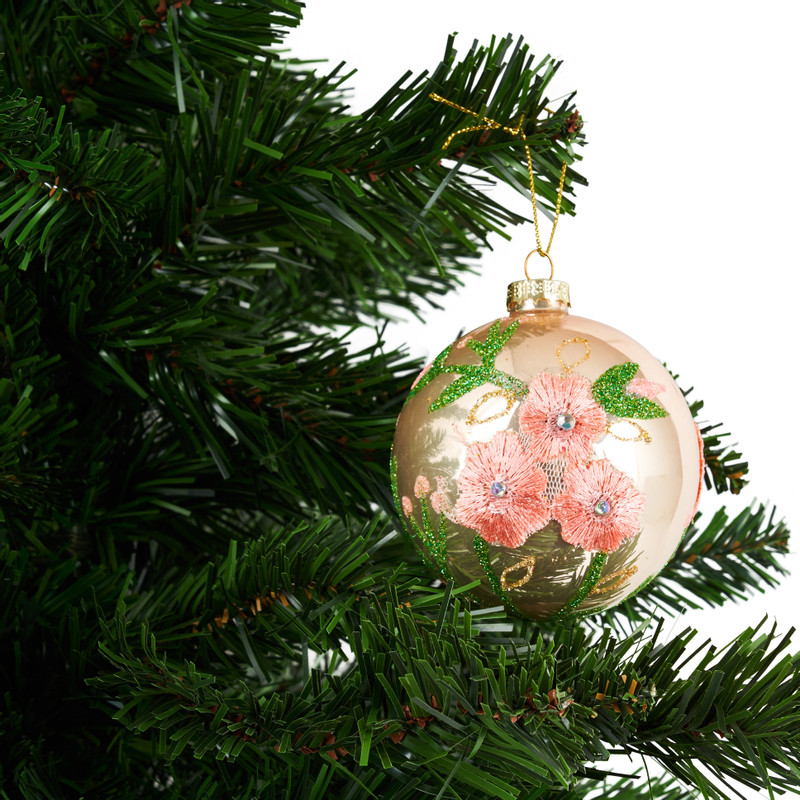 Kerstbal bloem - goud - glas - 8 cm