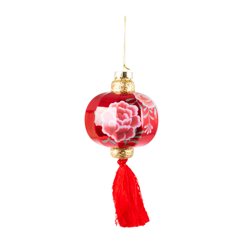 Kerstbal lantaarn grote bloem - rood - 8 cm