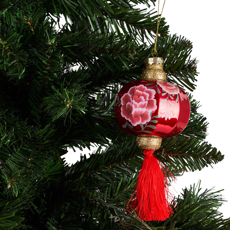 Kerstbal lantaarn grote bloem - rood - 8 cm