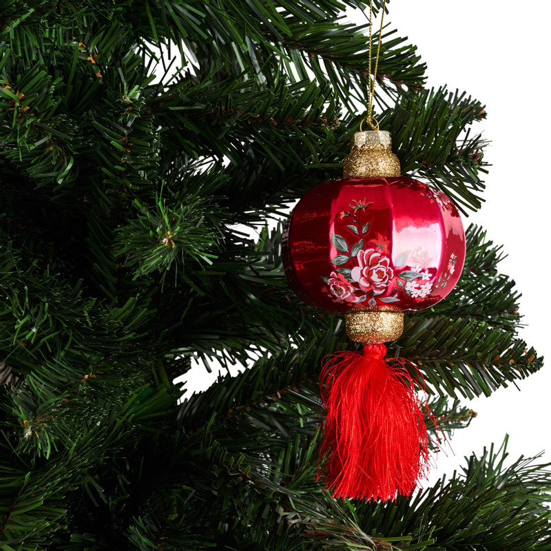 Kerstbal lantaarn kleine bloem - rood - 8 cm
