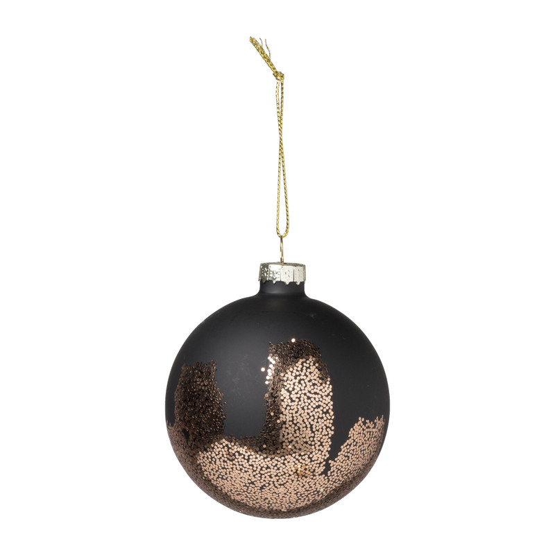 Kerstbal koperkleurige glitters - zwart - 8 cm