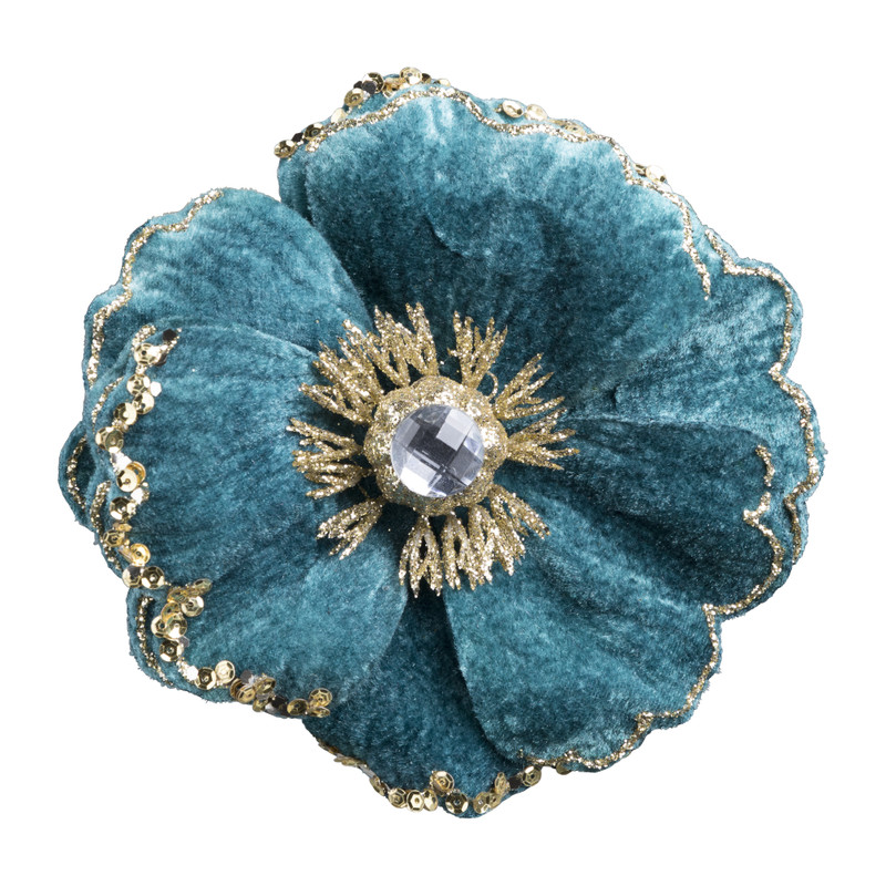 bloem op clip - blauw - 14 cm