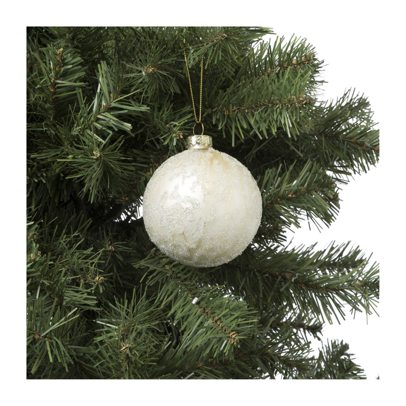 Kerstbal reliëf - wit/groen - 8 cm