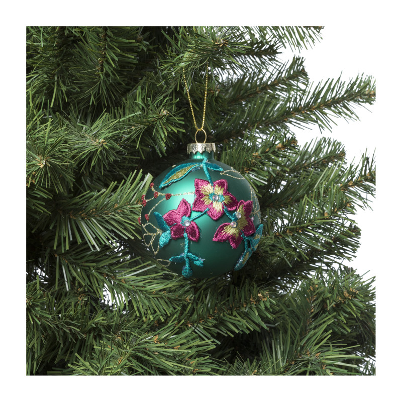 Kerstbal geborduurde bloemen - groen  