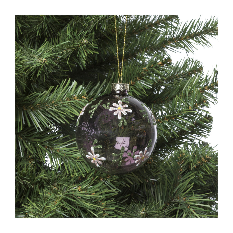 Kerstbal bloemetjes - paars - ⌀8 cm 