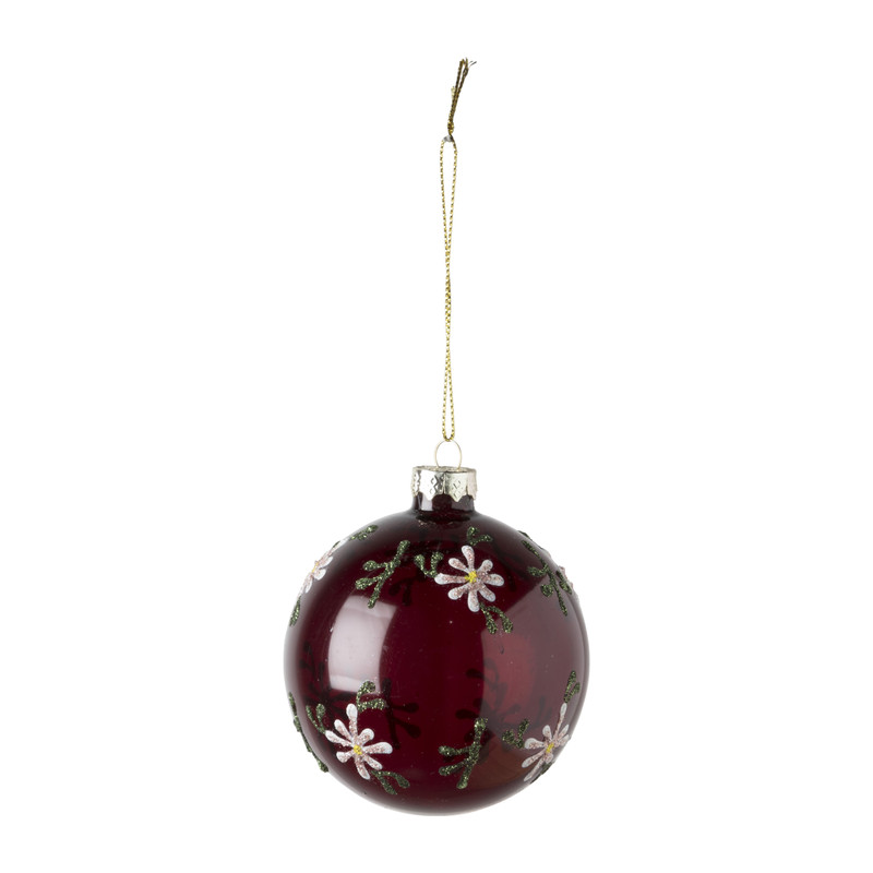 Kerstbal bloemetjes - rood - ⌀8 cm 