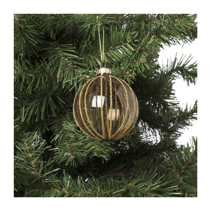Kerstbal streep - goud met zwart -ø8 cm 