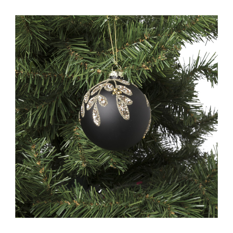 Kerstbal blad - zwart -ø8 cm 