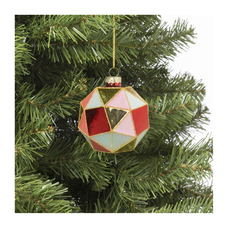 Kerstbal blokkig - roze/rood - ø8 cm