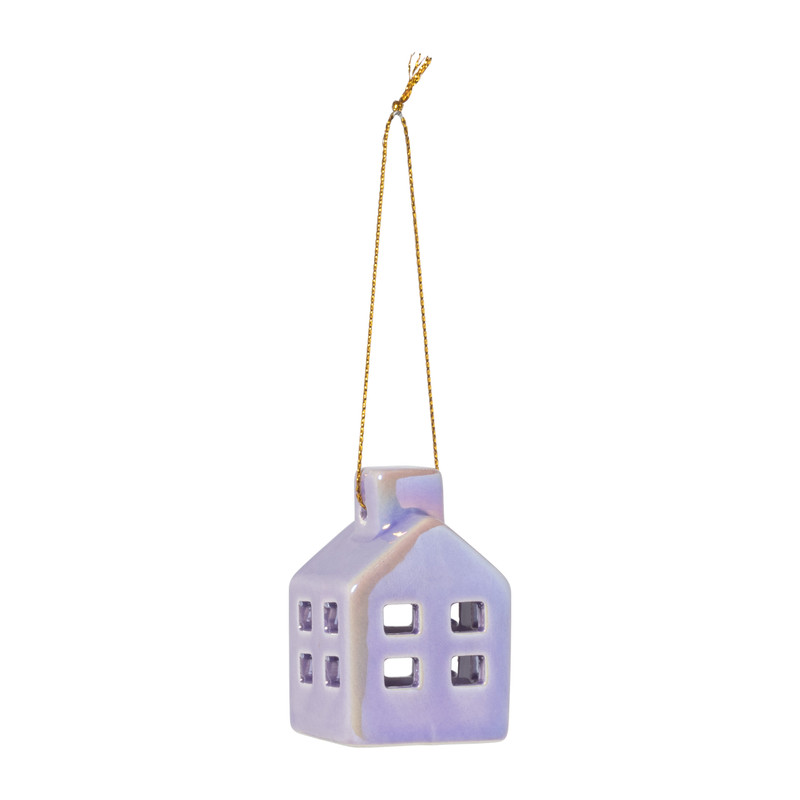 Hanger huisje keramiek - lila - 5.5x3.5x3.5 cm