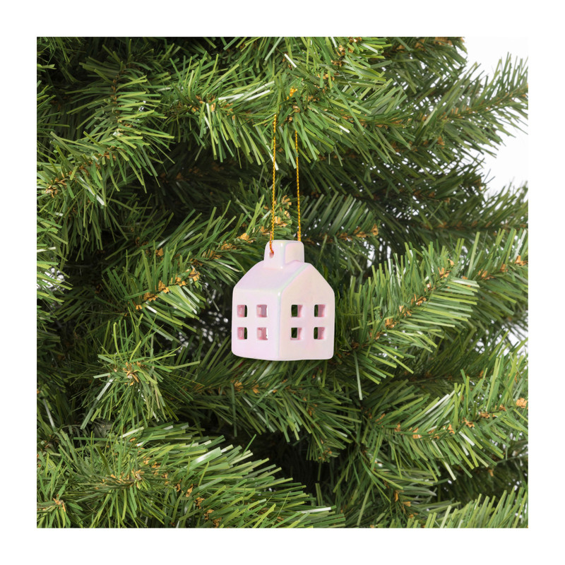 Hanger huisje keramiek - roze - 5.5x3.5x3.5 cm