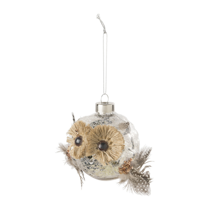 Kersthanger uil met veren - glas - 8.5x8.2x7.6 cm