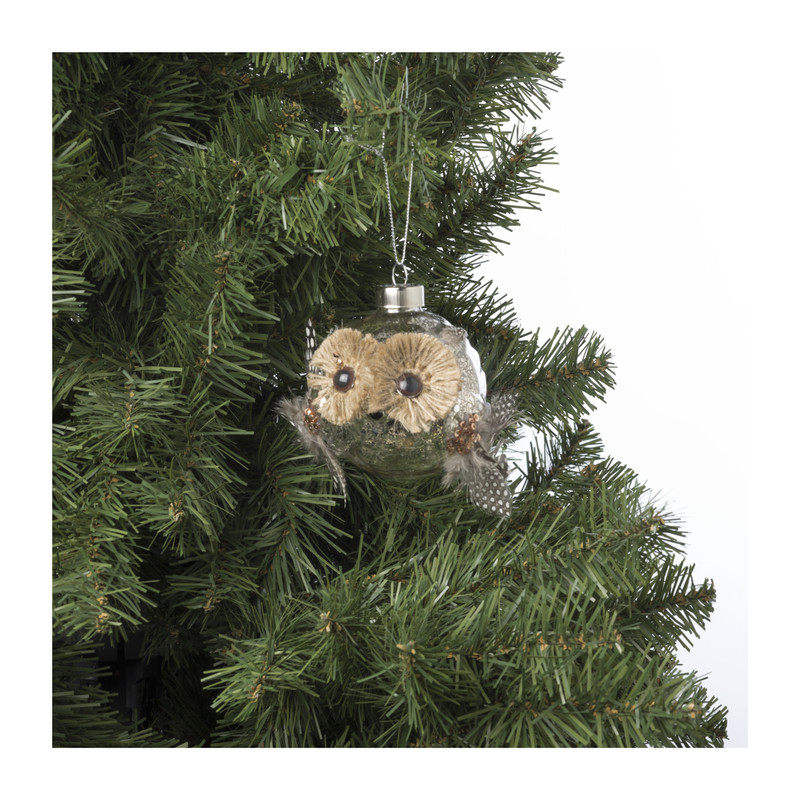 Kersthanger uil met veren - glas - 8.5x8.2x7.6 cm