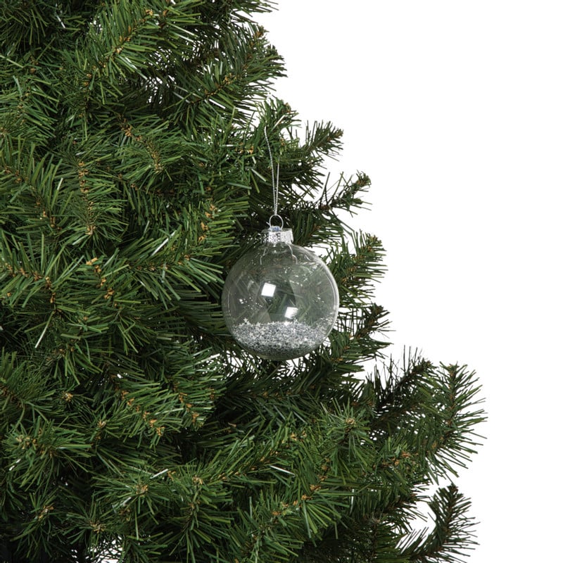 Kerstbal glas met zilveren glitters - transparant/zilverkleurig