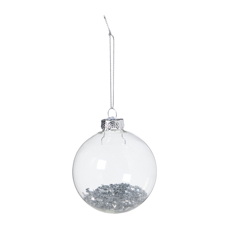 Kerstbal glas met zilveren glitters - transparant/zilverkleurig