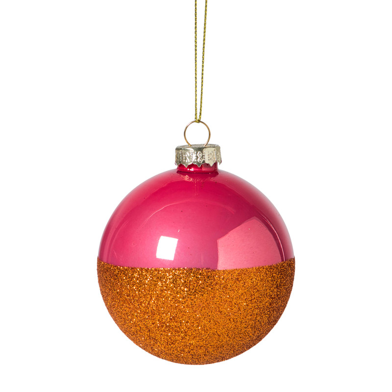 Kerstbal glitter en glans - roze/oranje