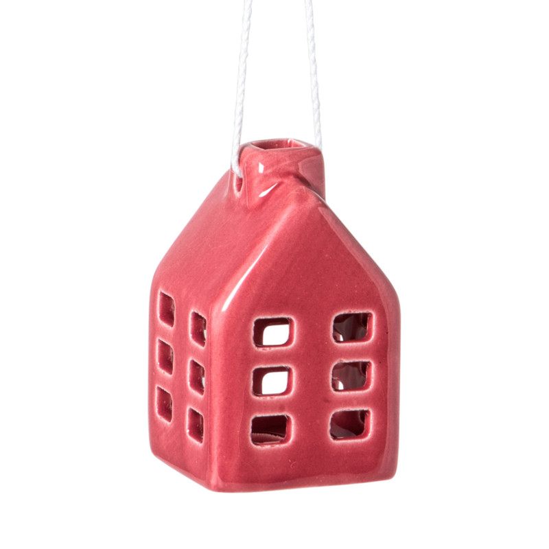 Kersthanger huisje keramiek - rood - 5.5x3.5x3.5 cm