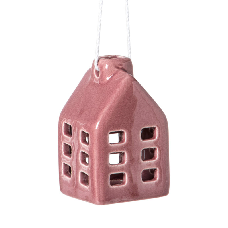 Kersthanger huisje keramiek - donkerpaars - 5.5x3.5x3.5 cm
