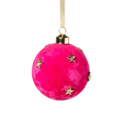 Kerstbal velvet met sterren - roze/goudkleurig